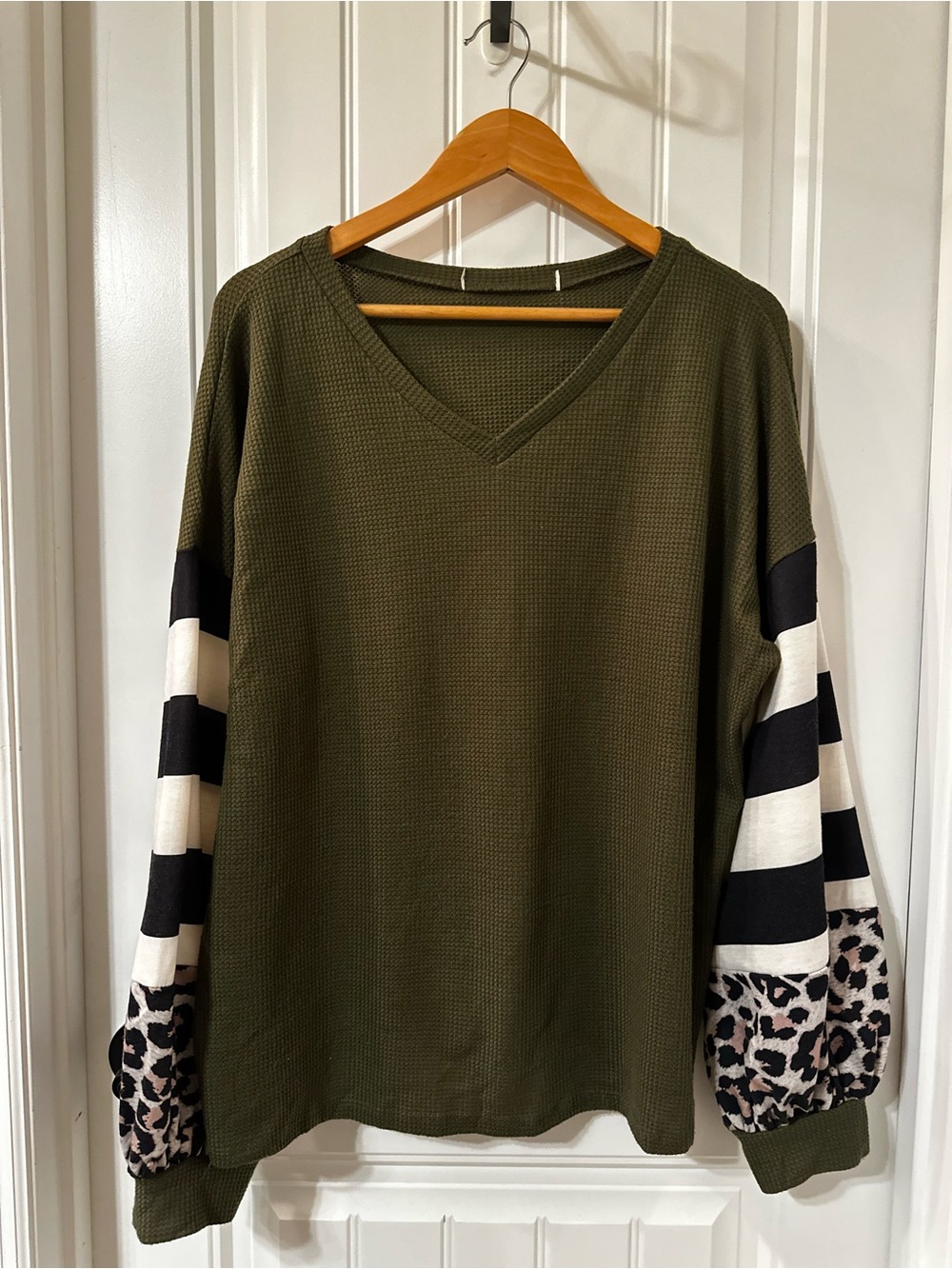 Olive Waffle Knit V-Neck Top with Striped Leopard Sleeves